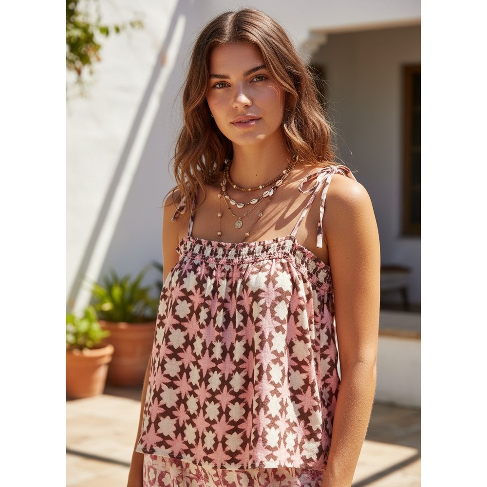 NEW Loft Top Pink Brown Smocked Cami Babydoll Boho Casual Beach Size XL